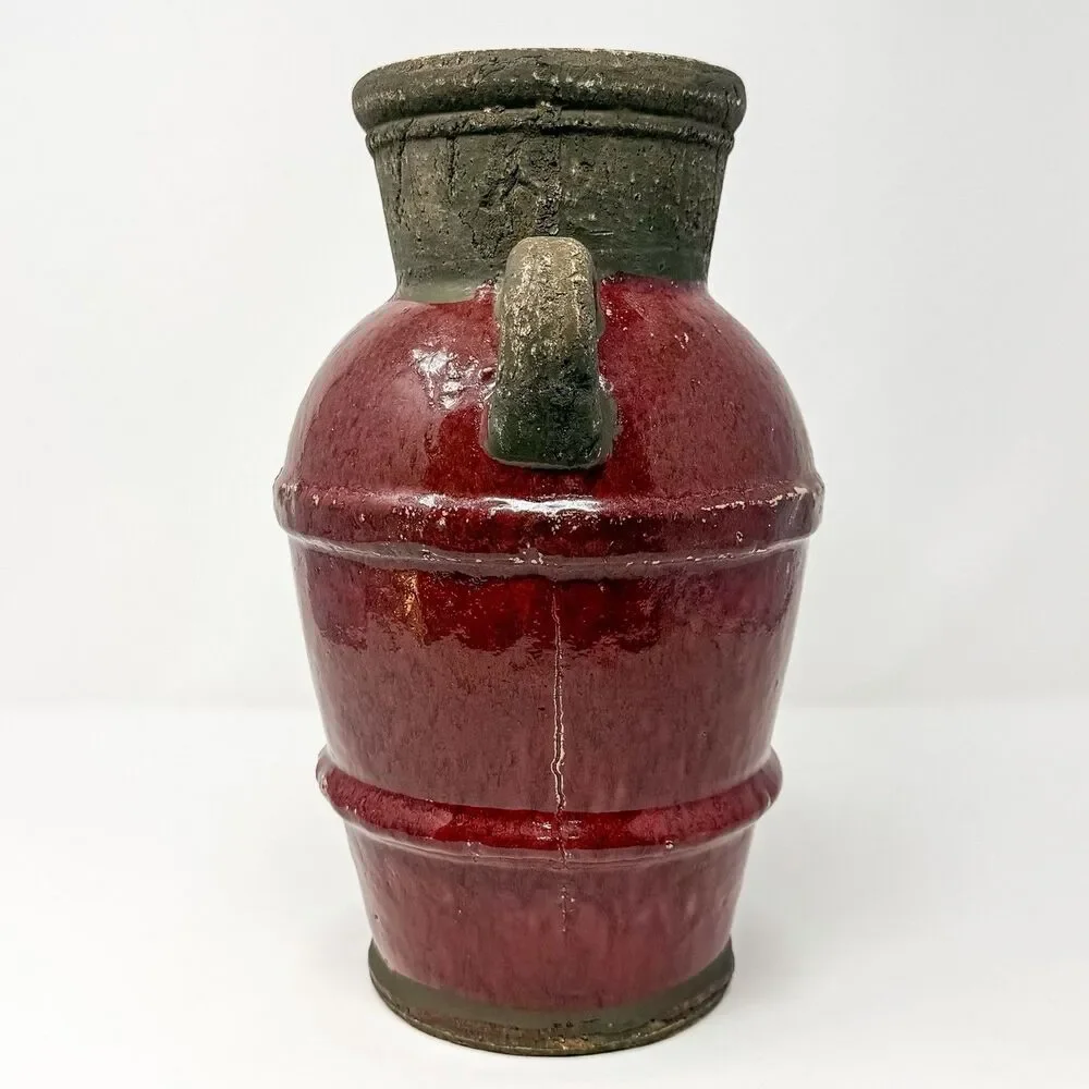 Vintage Rustic Studio Pottery Vase Oxblood Red Folk Art Handcrafted 12”